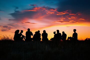 Fototapeta na wymiar Silhouetted family on a hike against a vibrant sunset sky, symbolizing adventure and togetherness