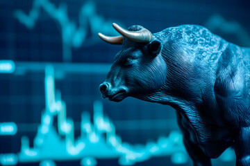 Blue Bull With Candlestick Chart Background, Trading On Bullish Market Concept Illustration. Bull Investor Concept - obrazy, fototapety, plakaty