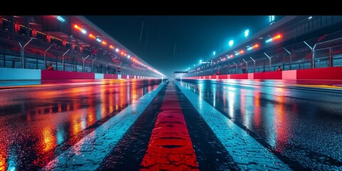 Floodlit F1 Racing Track Glimmers Under Nocturnal Downpour With Electrifying Ambiance. Concept Epic Night Races, Thrilling Rain-Soaked Track, Spectacular Lighting, Adrenaline-Fueled Competitions - obrazy, fototapety, plakaty