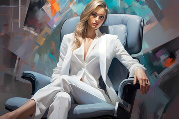 Mesmerizing beauty in radiant business clothes, seamlessly integrated into the studio's vibrant setting, each feature captured in exquisite high definition.
