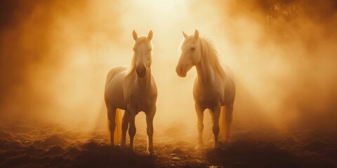 Mystical Horse Duo Enchants Against Captivating Abstract Backdrop Creating Ethereal Magic. Concept Mystical Horse Duo, Captivating Abstract Backdrop, Ethereal Magic
