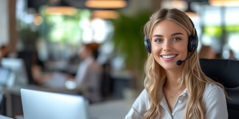 Polite And Smiling Professional Women In A Call Center. Concept Customer Service Skills, Effective Communication, Problem-Solving, Multitasking, Empathy,