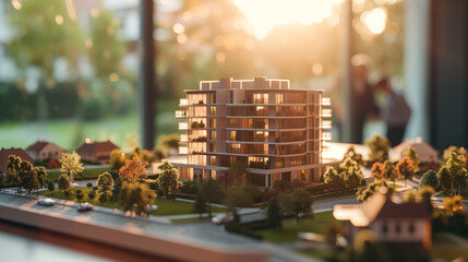 realistic scale model of a modern apartment building, illuminated and showcased in front of blurred silhouettes of people in the background