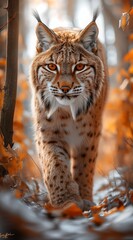 Naklejka premium a lynx walks in the forest and looks into the camera created by AI