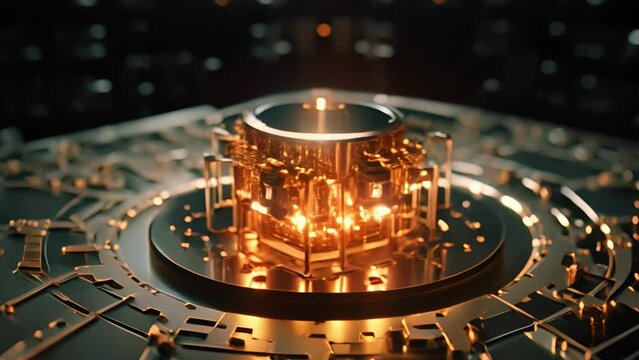 Development of a quantum computer. Science, technology, big data and blockchain concept.