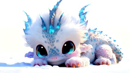 Kid Chinese Dragon. Nursery Wallpaper. Cute 3D images of little dragons. Panoramic background with Asian Chinese little cute dragon, in high resolution. AI generated.