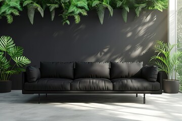 Black sofa and potted plant floating in the air.