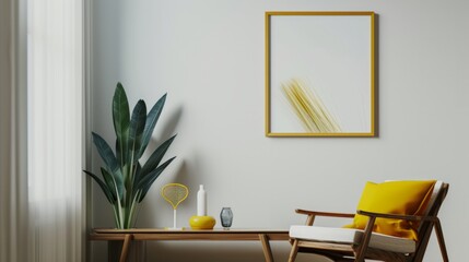 Minimalist modern interior with vibrant yellow cushion and framed artwork on white wall