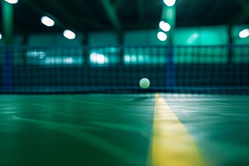 Close-up of a ping pong ball on a table tennis court with selective focus and dynamic lighting