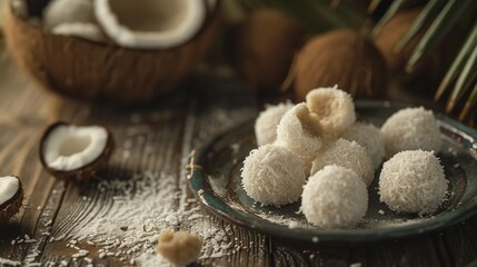Fototapeta na wymiar Homemade Coconut Balls on Coconut Powder: 8K