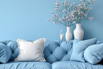 Blue sofa and white vases.