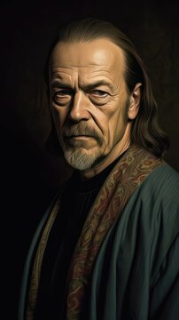 AI generated illustration of Alan Watts portrait on a dark background