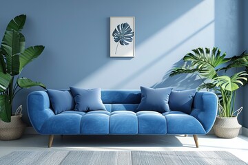 Bright living room interior with blue sofa and cushions.