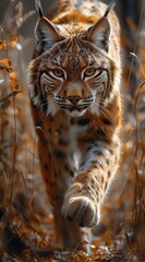 Obraz premium a lynx walks in the forest and looks into the camera created by AI