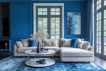 Chic modern luxury aesthetics style living room in blue tone.