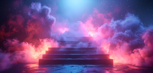 background of stairs covered in smoke and futuristic neon lights