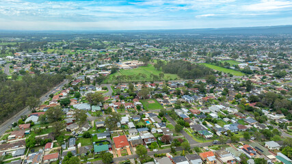 Drone aerial photograph of houses and buildings in the residential suburb of Kingswood in the greater Sydney region of Australia