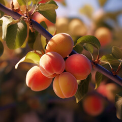 Close-up of apricot trees laden with ripe fruits: lush garden with bright ripe apricots hanging from the branches, sun rays. Modern agriculture.