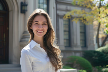 Fototapeta premium Executive Euphoria: Woman Radiates Joy at Office Acquisition