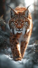Fototapeta premium a lynx walks in the forest and looks into the camera created by AI