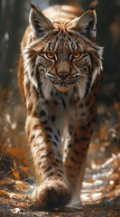 Fototapeta premium a lynx walks in the forest and looks into the camera created by AI