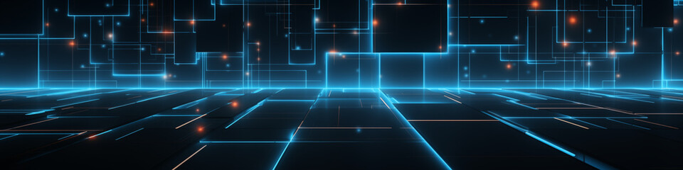 Rectangular neon blue modern banner background on the theme of technology, computer games, augmented reality, artificial intelligence