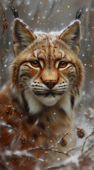 Fototapeta premium a lynx walks in the forest and looks into the camera created by AI