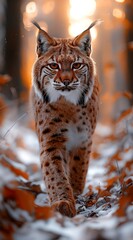 Fototapeta premium a lynx walks in the forest and looks into the camera created by AI