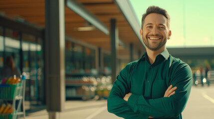 Empowered Business: Grinning Man Celebrates Grand Opening of Supermarket