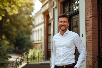 Obraz premium Business Brilliance: Owner Celebrates Acquisition in Park Setting