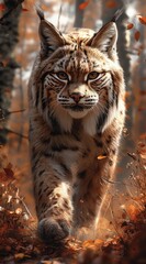 Fototapeta premium a lynx walks in the forest and looks into the camera created by AI