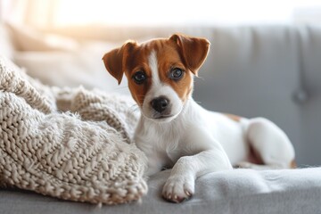 Curious Jack Russell Terrier puppy looking at the camera busking in the sunlight. Adorable doggy with folded ears, alone on the couch at home. Close up, copy space, cozy interior background.