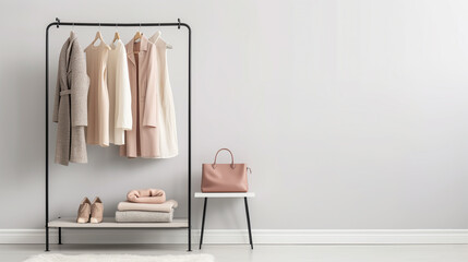 Women's minimal stylish fashion clothing rack on white background for fashion blog, web and social media