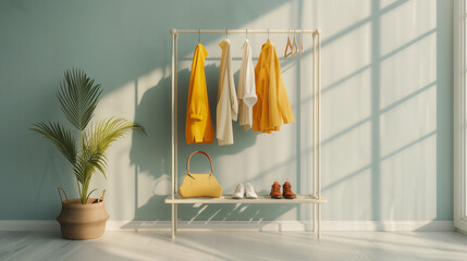 Women's minimal stylish fashion clothing rack on white background for fashion blog, web and social media