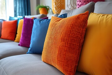 Cushions arranged in line on sofa.