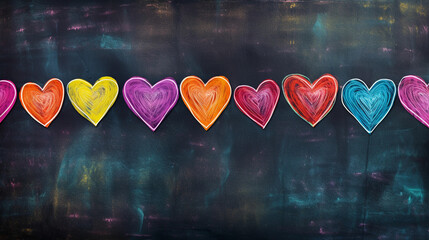 Hand doodle colorful chalk illustration of hearts in a line on old vintage blackboard with copy space, Valentine's backgrounds. 