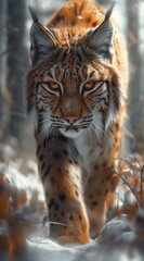 Obraz premium a lynx walks in the forest and looks into the camera created by AI