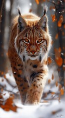 Fototapeta premium a lynx walks in the forest and looks into the camera created by AI