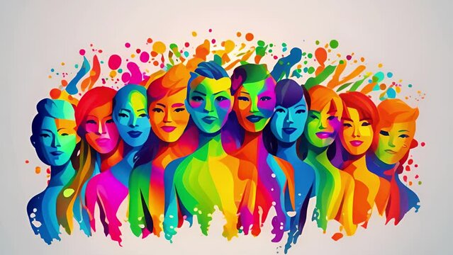 Diversity in Society concept. LGBT and LGBTQ rainbow in bright design. Rainbow flag for lgbtq community, freedom and smiles, pride parade. Group or young non-binary people, gay, trans and queer.