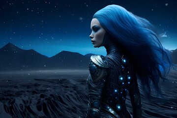 A celestial fashion icon with long and shiny blue hair, wearing a couture ensemble against a sci-fi landscape, exuding an otherworldly charisma with sharp resolution.