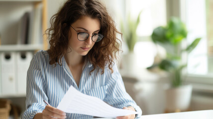 An elegant senior professional woman is carefully reviewing a document in a well-lit office setting. - obrazy, fototapety, plakaty