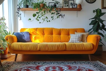 Front view of yellow couch in living room apartment interior.