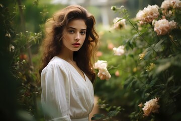 A stunning model with a captivating gaze in a serene garden, dressed in simple yet elegant clothes.