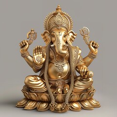 Golden Lord Ganesha Sculpture on White Background	