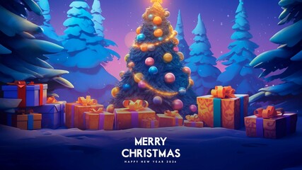 Merry Christmas Happy New Year Background With Christmas Landscape