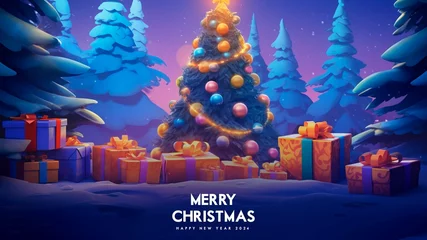 Poster Merry Christmas Happy New Year Background With Christmas Landscape © Arfa