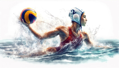 A concentrated female water polo player in motion with a ball in her hands,the water splashing dynamically around her, showing the strength,agility and intensity of the sport.Sport concept.AI generate