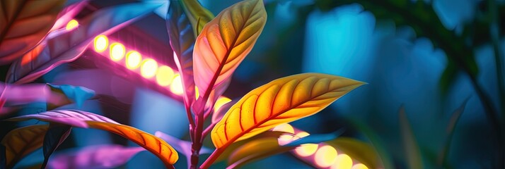 Houseplants growing under LED grow lights with full spectrum of colors to promote supplemental vegetation growth