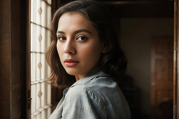 Fototapeta premium Young woman inside, pausing from looking out a window to make eye contact with the viewer