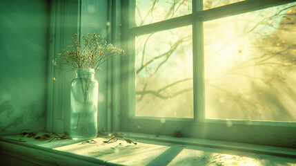 Bright Floral Arrangement by the Window, Spring Flowers in Vase, Sunlit Rustic Home Decor